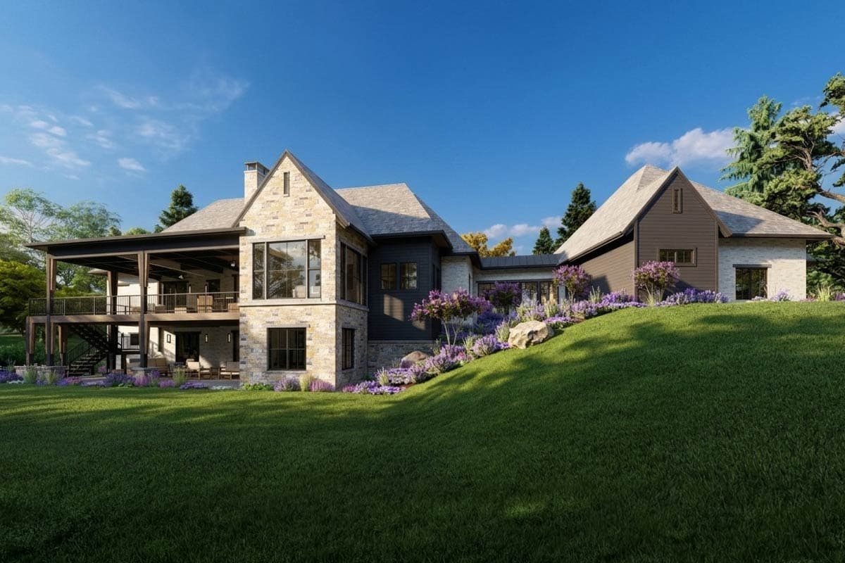 House plan exterior with stone and dark siding, featuring a multi-level covered porch and prominent gables.