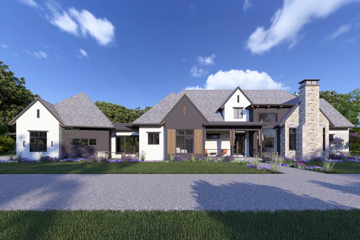 House plan exterior. Modern style, one-story. Features include gabled roof, covered porch, and stone chimney. Exterior includes mixed siding.