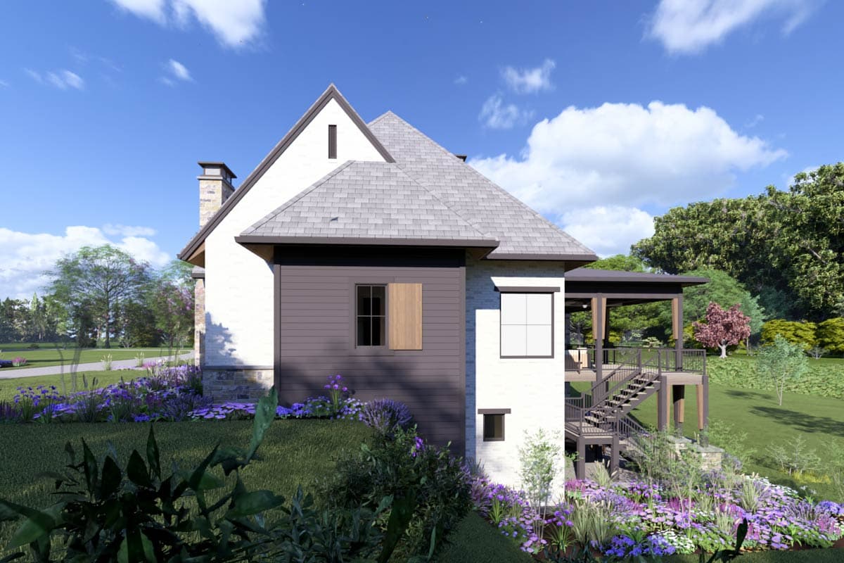 House plan exterior with stone chimney, gabled roofline, dark siding, and a covered deck with stairs.