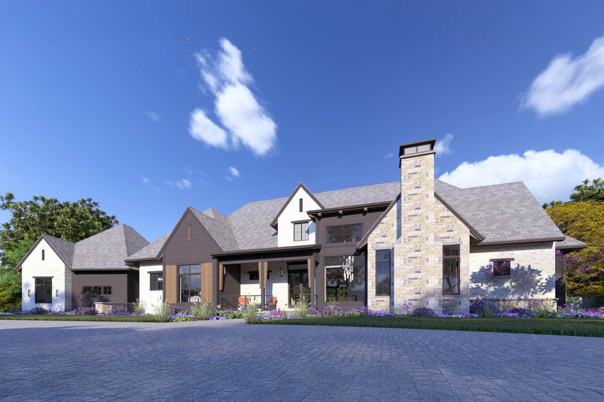 House plan exterior: Modern Farmhouse style with stone chimney, gables, covered porch, and multi-story design.