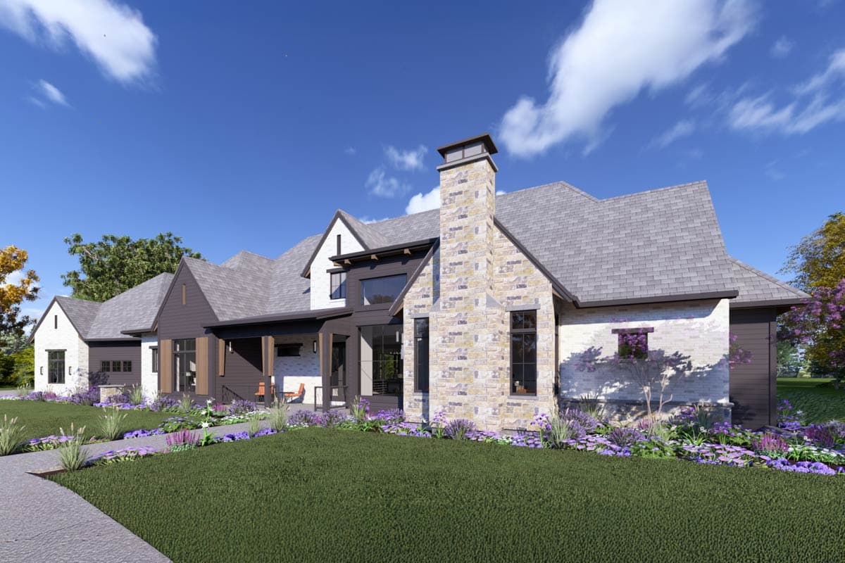 House plan exterior with stone chimney, gables, porch, and mix of white brick and dark siding.