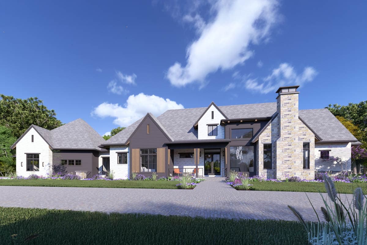 House plan exterior with stone chimney, gabled rooflines, white brick, and dark wood accents.