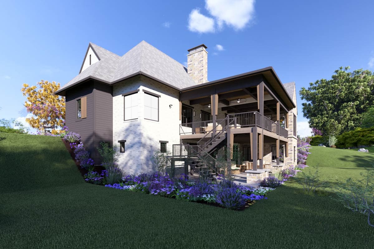House plan exterior with brick and siding, multiple gables, prominent covered porch with stairs, and stone chimney.