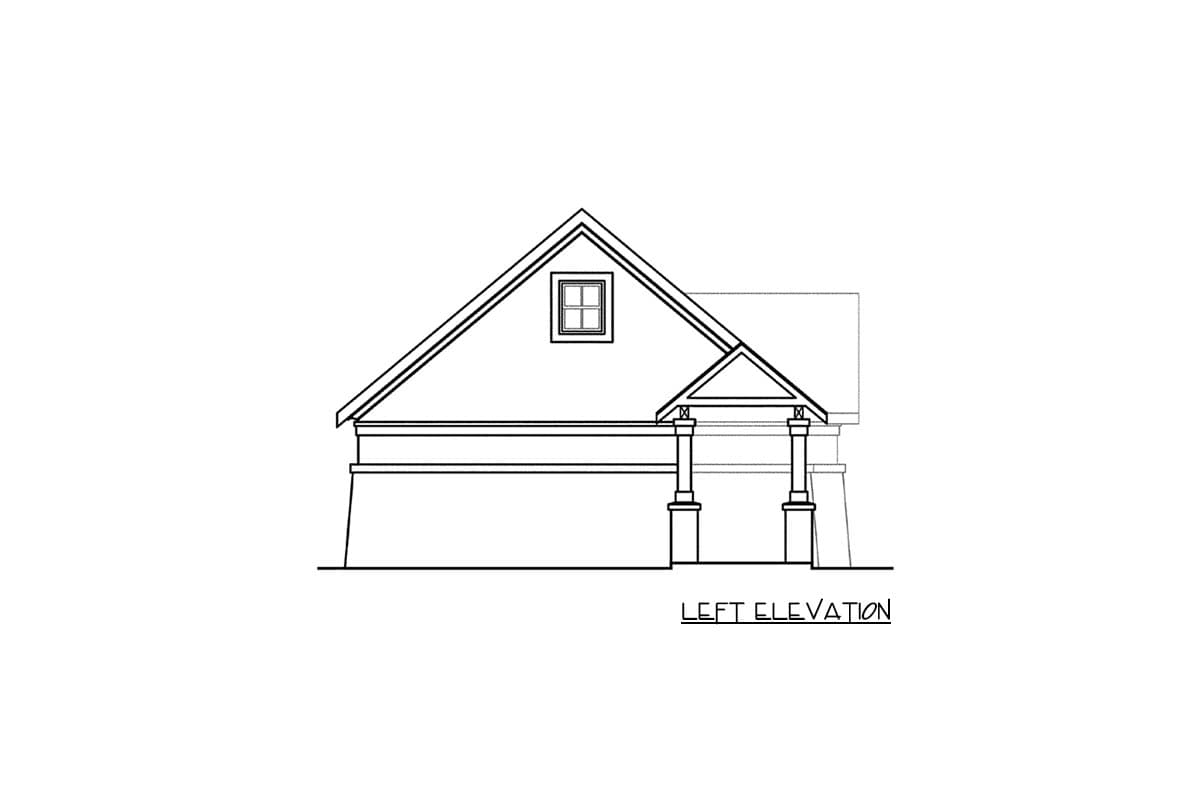 Left elevation house plan: Gable roof, dormer window, covered entry with two pillars.