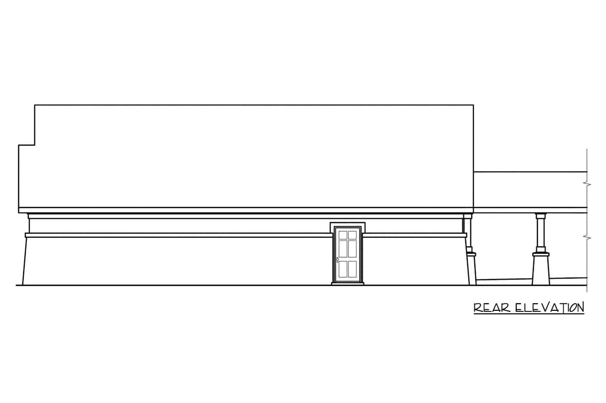 Rear elevation drawing of a house plan showing a door and a porch with columns.