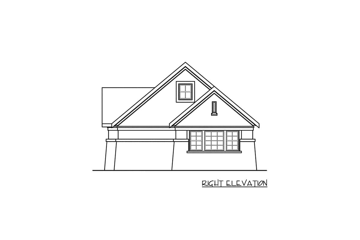 House plan right elevation with a gable roof, dormer, and multi-pane windows.