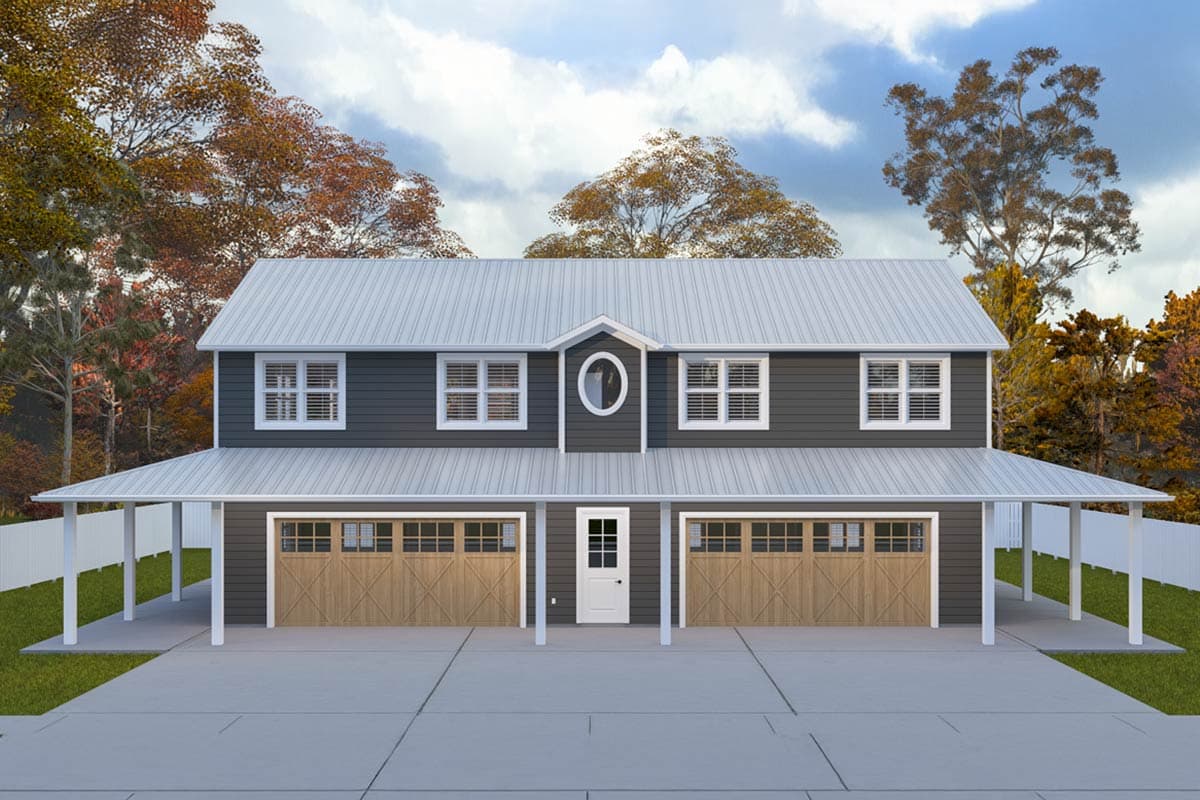 House plan exterior. Two-story with metal roof, covered porch, and a central oval window feature. Two-car garage with wooden doors.