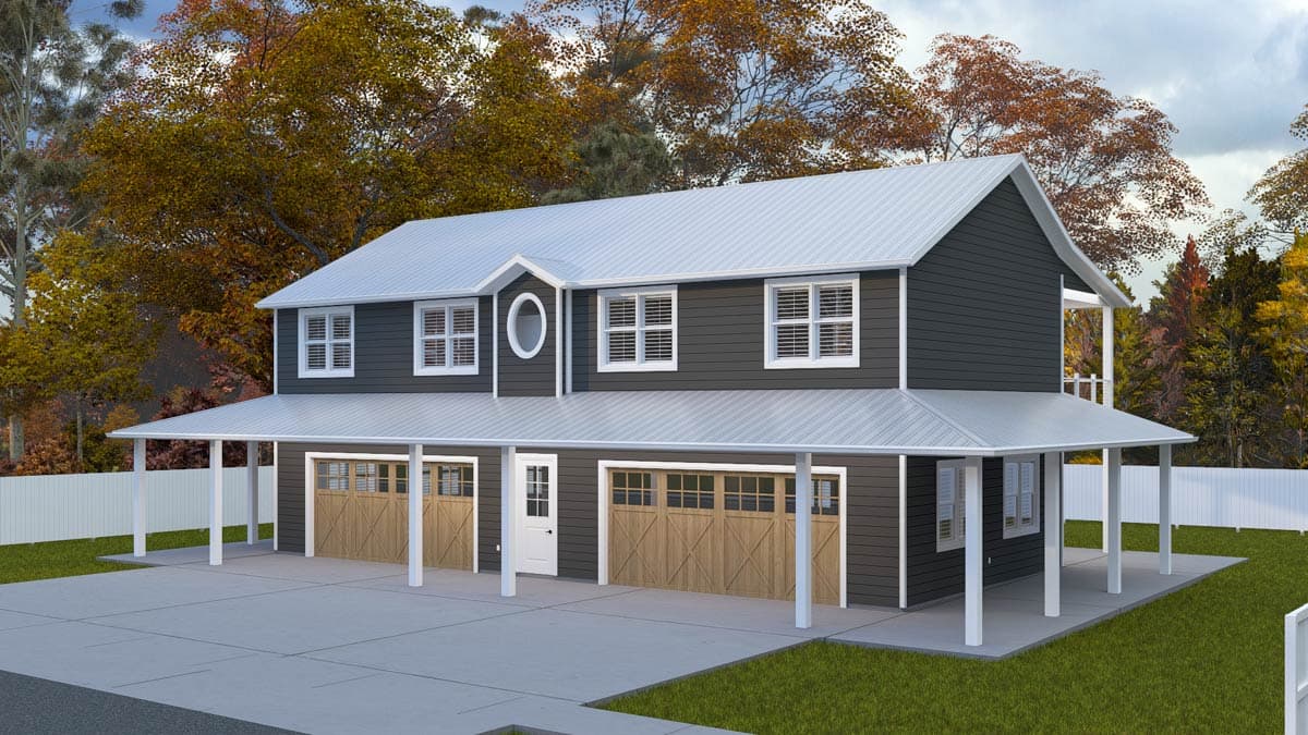 House plan exterior of two-story home with wraparound porch, three garage doors, and central gable with circular window.