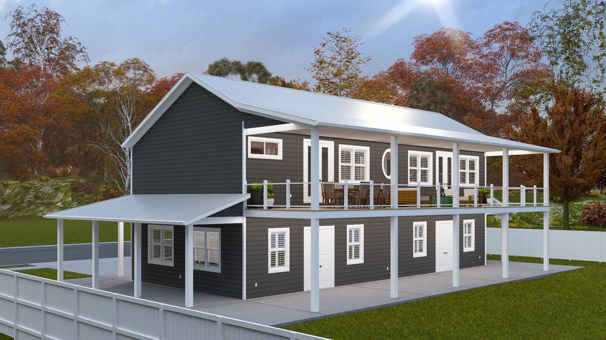 House plan exterior: Two-story home with a wraparound porch on the upper level, gabled roof, and horizontal siding.