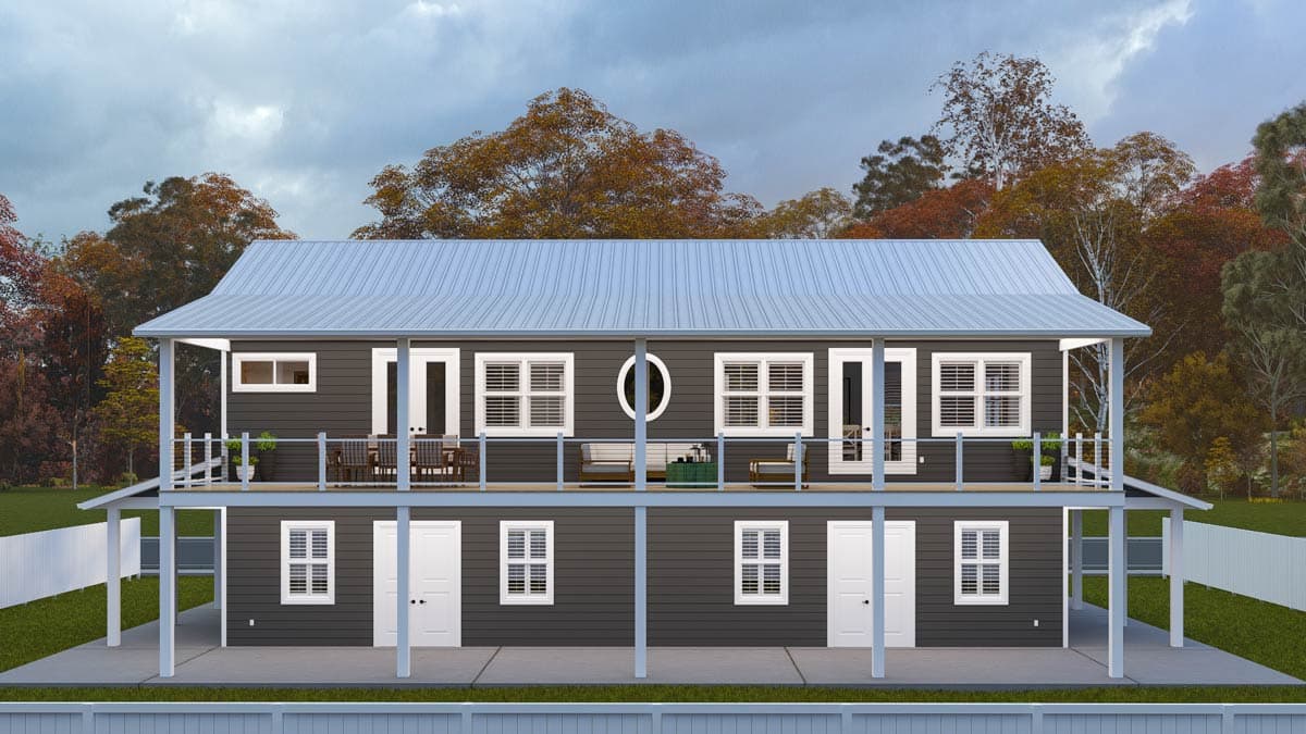 House plan exterior, two stories, metal roof, full-width upper porch with railings, and a circular window.