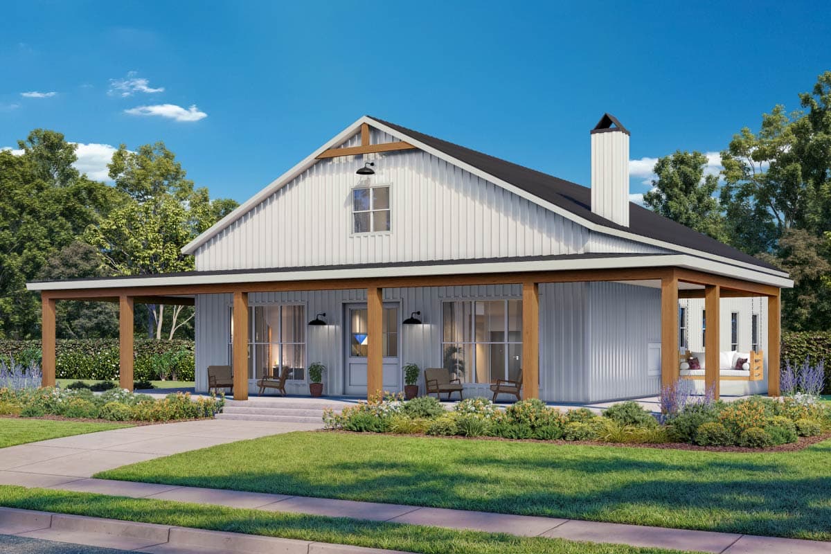 House plan exterior featuring a Modern Farmhouse style with a gabled roof, a covered porch, and a chimney. One-story house plan.