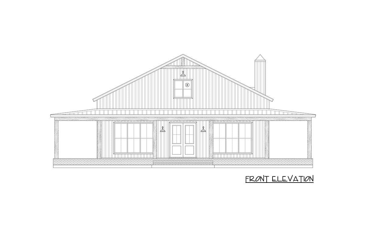 Front elevation drawing of a one-story house plan with a gabled roof, full-width porch, and prominent dormer.