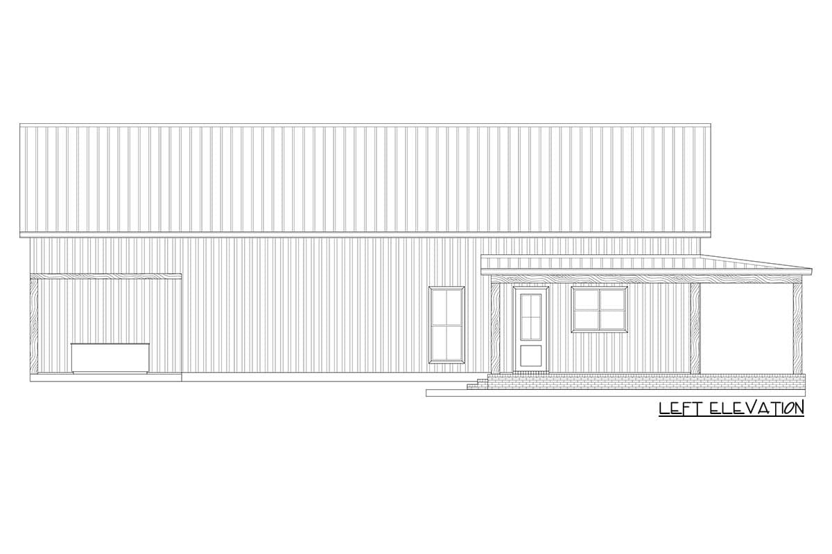 Left elevation house plan with covered porch, entry door, windows, and a built-in element on the left.