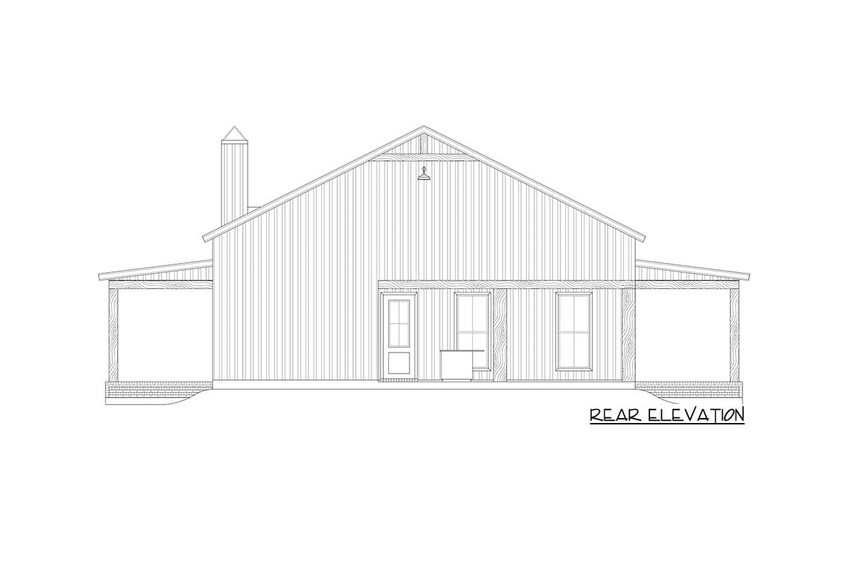 Rear elevation house plan showing a house with vertical siding, a gable roof, a prominent chimney, and covered porches on both sides.