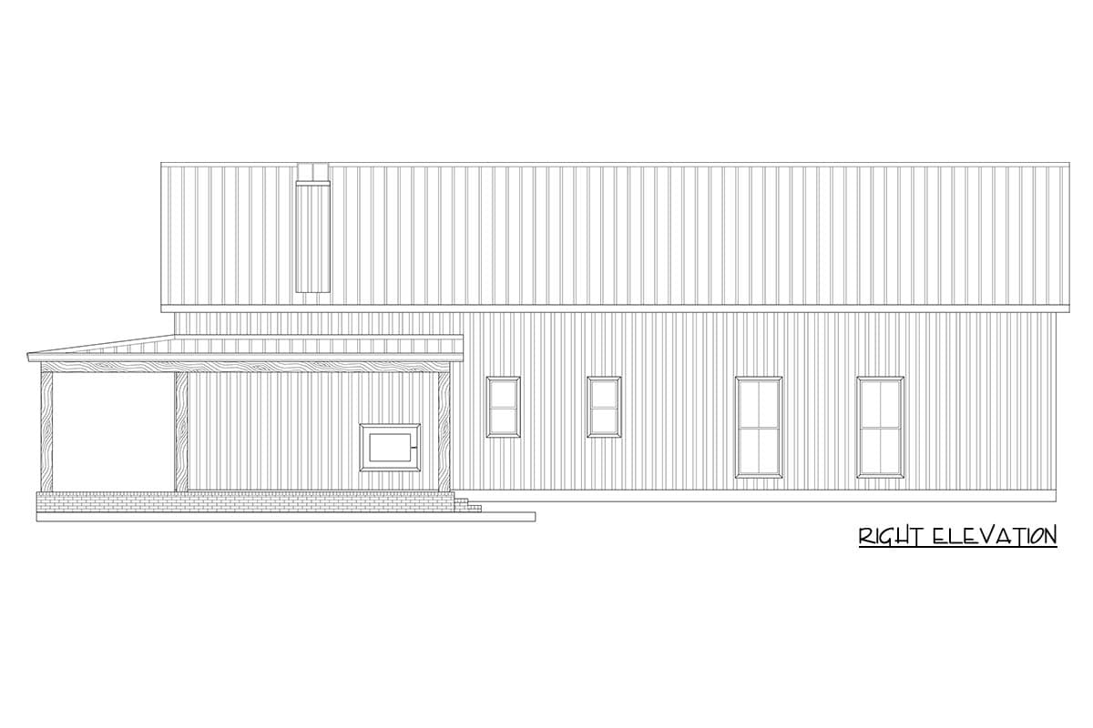 Right elevation drawing of a house plan with a covered porch and multiple windows.