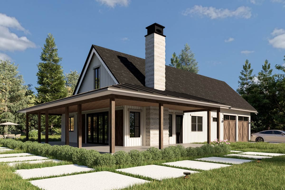 House plan exterior. Modern farmhouse style with gabled roof, covered porch, and brick chimney. Features a two-car garage.