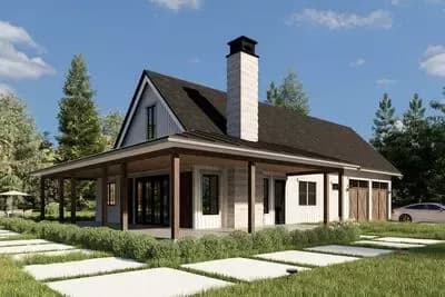 Modern Barndominium House Plan with Wrap-Around Porch and Vaulted Great Room