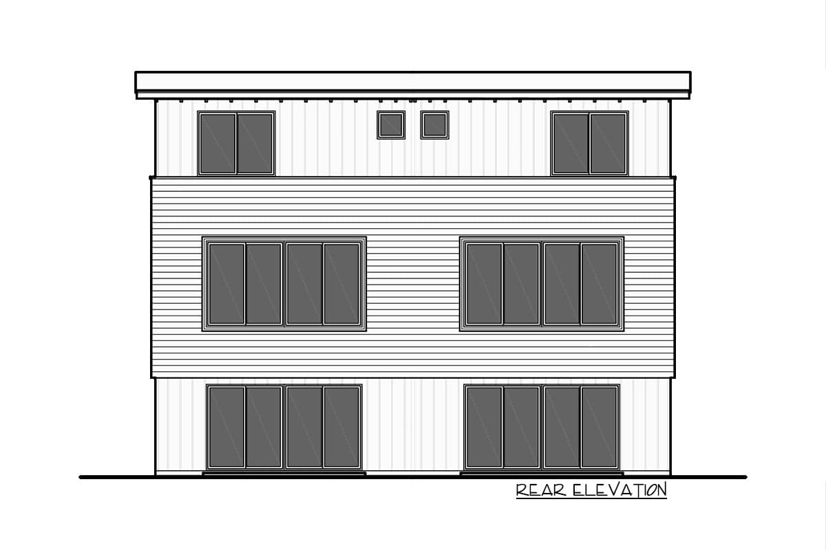 Rear elevation drawing of a house plan showing three levels of horizontal siding and bands of windows.