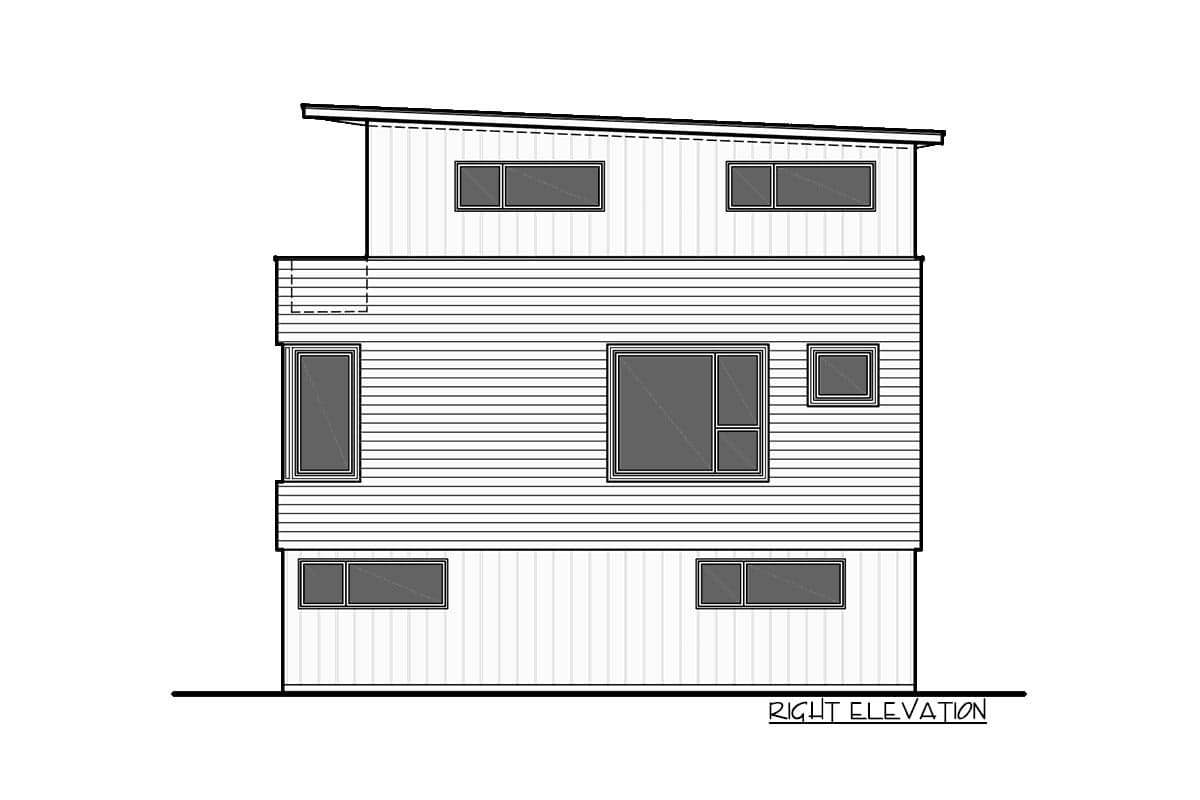Right elevation drawing of a two-story house with horizontal siding, a sloped roof, and multiple rectangular windows.