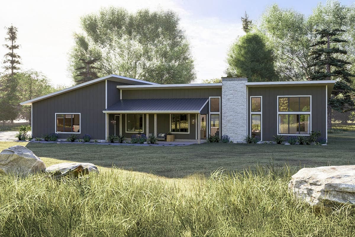 House plan exterior with modern style, one story, covered porch, stone chimney, and flat roofline.
