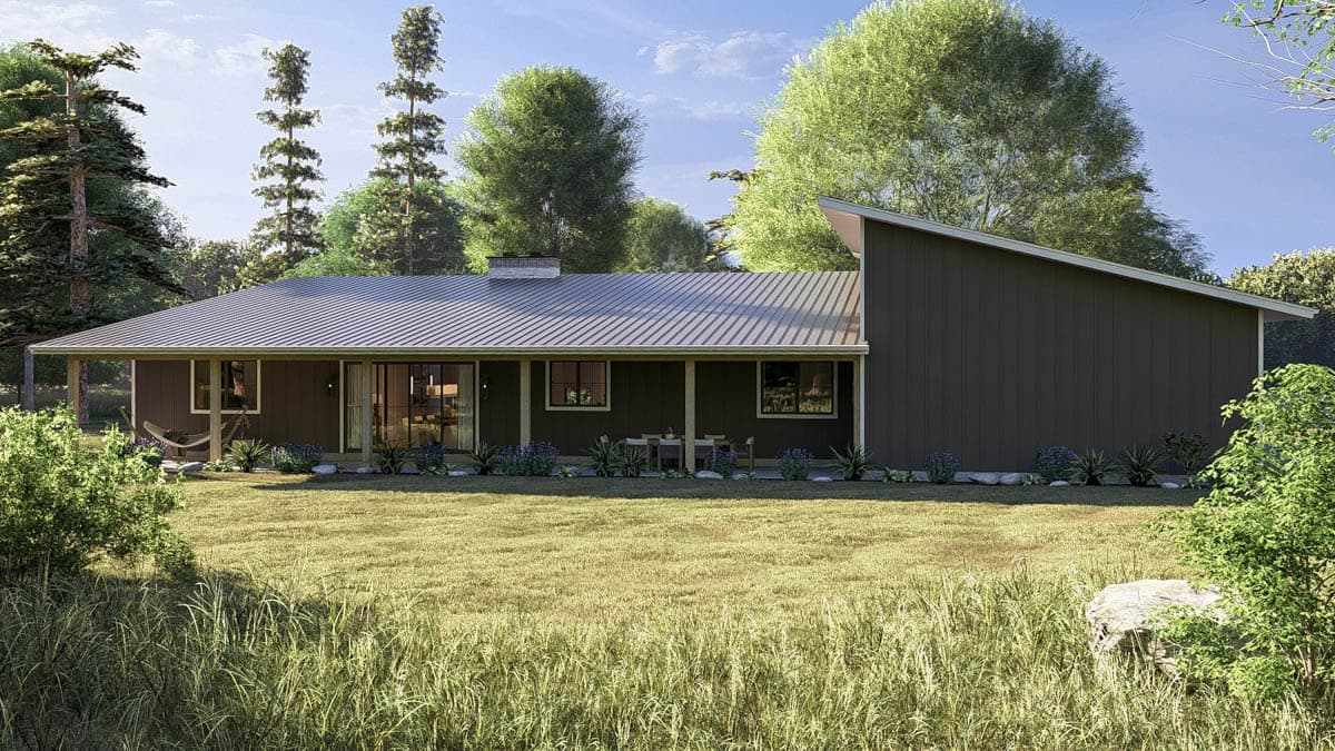 House plan exterior: single-story Modern style with shed roof, metal roofing, covered porch, and vertical siding.