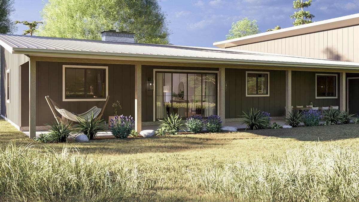 Ranch house plan exterior with a covered porch, metal roof, chimney, and large sliding glass doors.