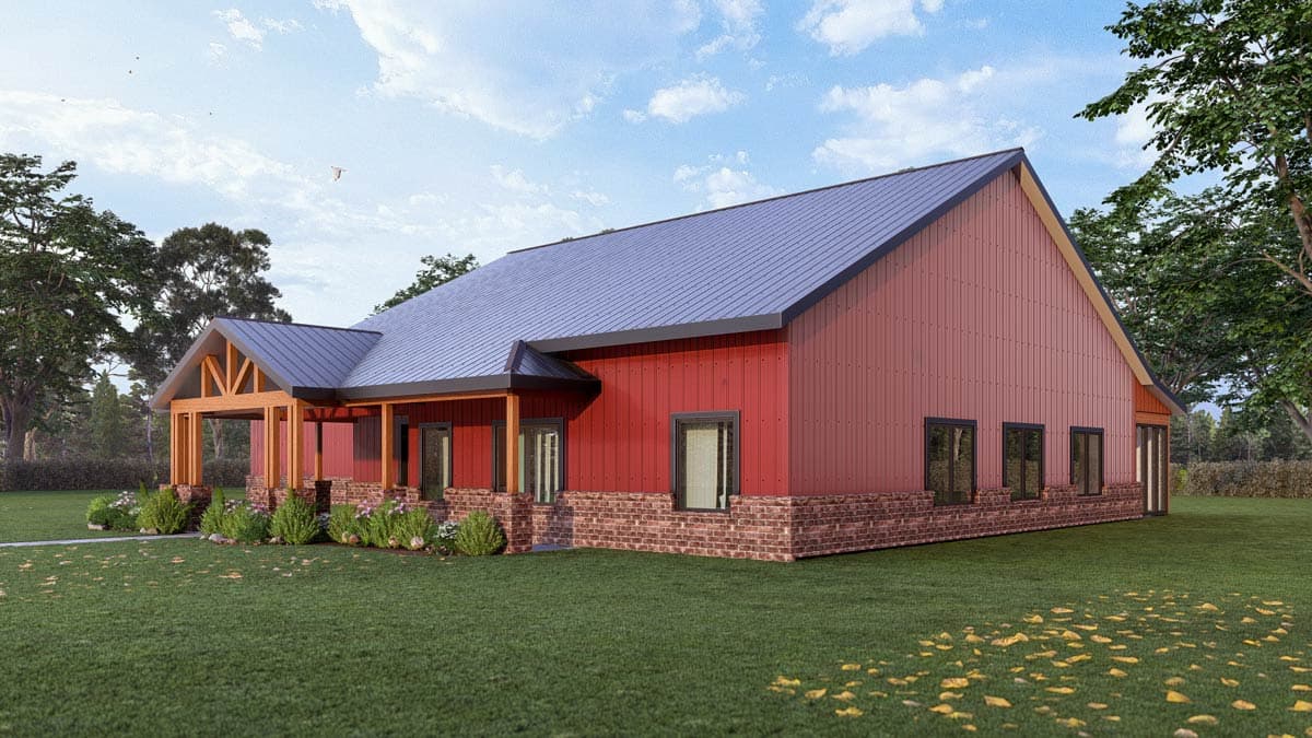 House plan exterior: Ranch style, one story, with a metal roof, prominent gable, covered porch with wooden posts, and brick wainscoting.