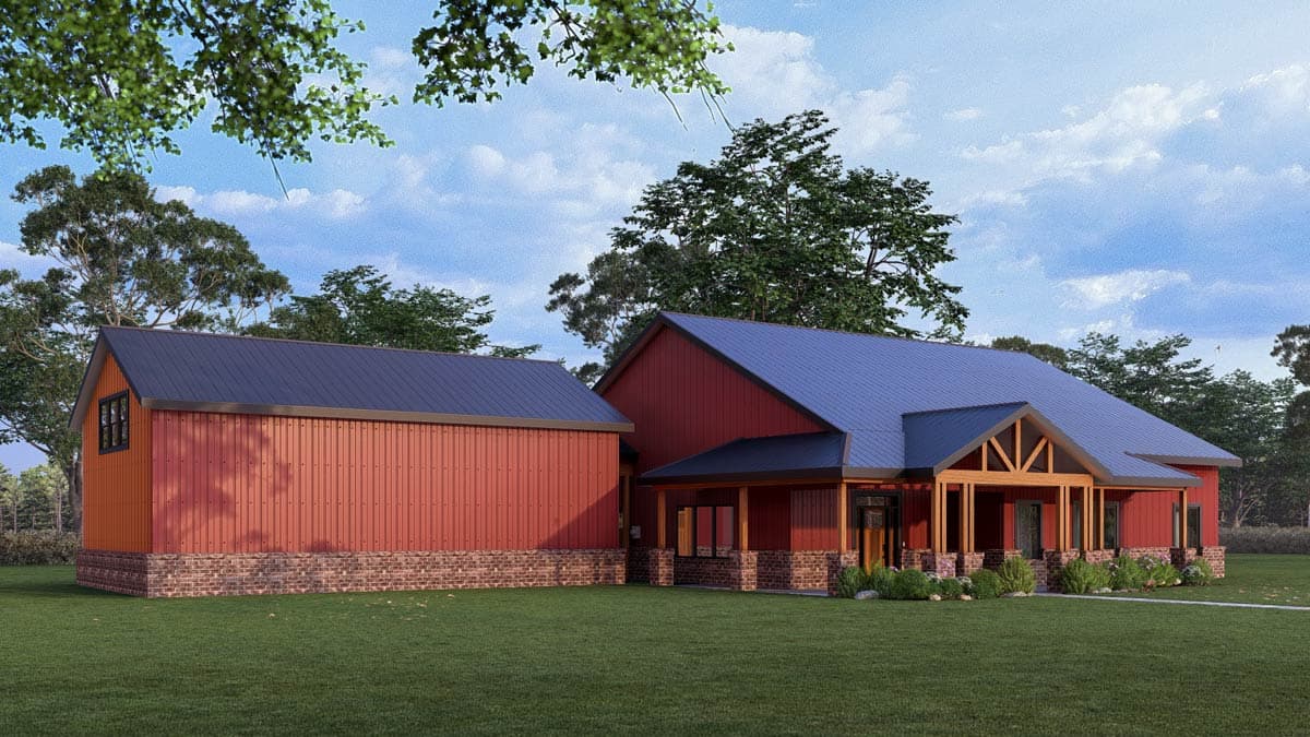 Modern Farmhouse house plan exterior with red metal siding, gambrel roof, brick foundation, and covered entry.