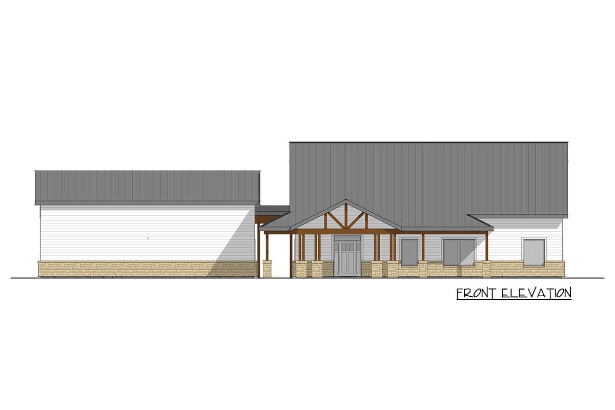 Front elevation house plan with stone foundation, covered entry with timber accents, and gabled roofline.