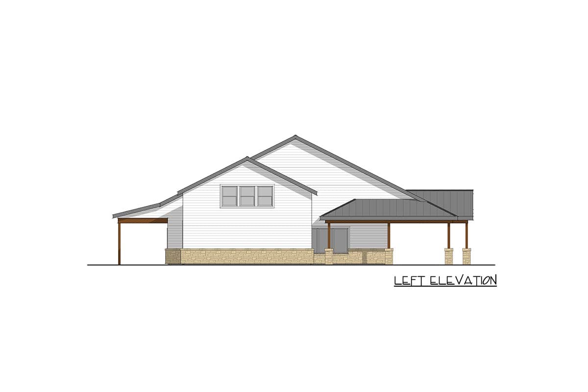 Left elevation of a one-story house plan with a stone base, pitched roof, and covered porch.