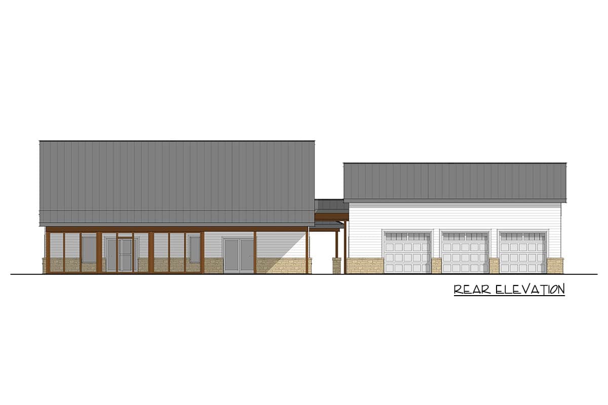 Rear elevation drawing of house plan with three-car garage, large windows, and covered patio.