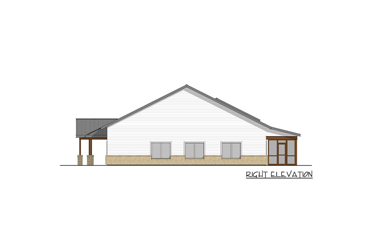 Right elevation drawing of a house with white siding, a gabled roof, a screened porch, and a stone foundation.