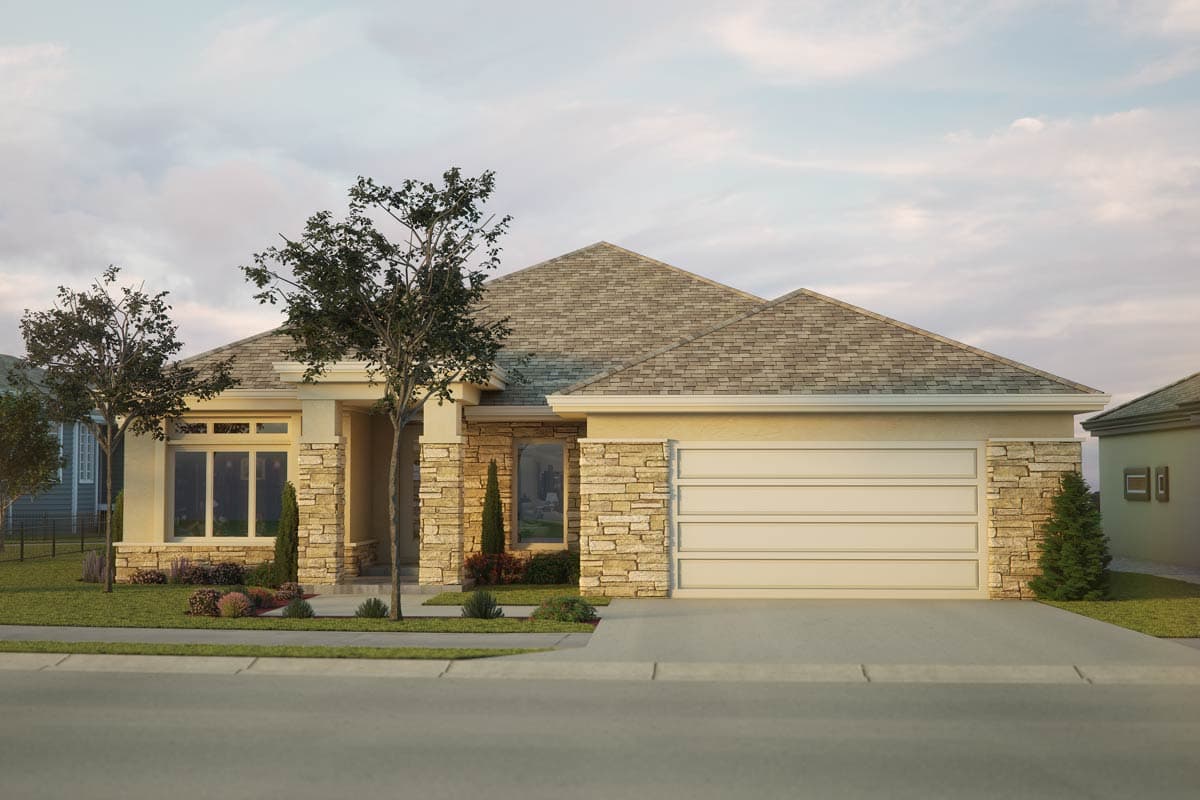 House plan exterior. Ranch style with stone accents on facade. Features include a front-facing garage, gabled roof, and recessed entry.