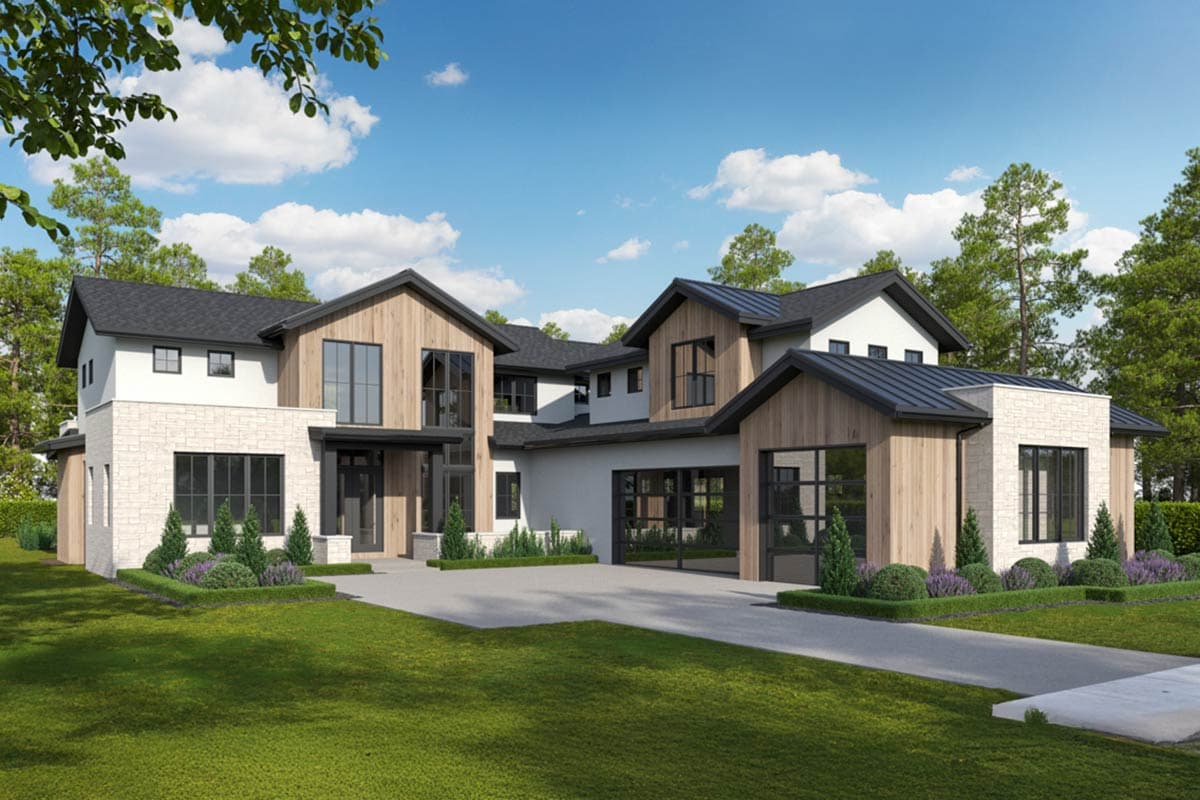House plan exterior with wood and stone facade. Features include a two-story structure, multiple gables, and a glass-paneled garage door.