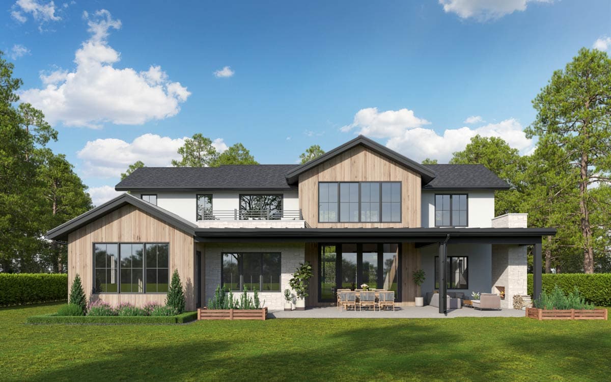 Modern house plan exterior with wood siding, stone accents, large windows, covered patio, and multi-level rooflines.