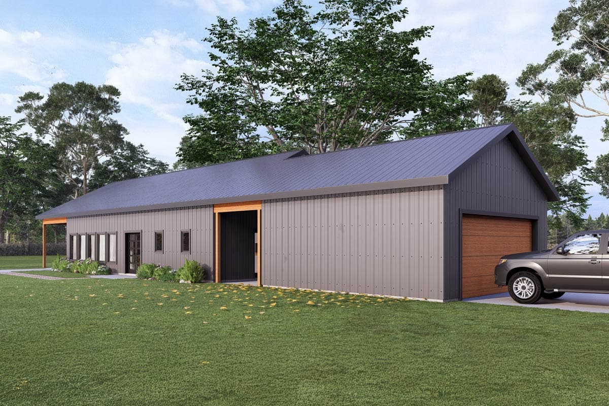 Modern ranch house plan exterior with metal siding, gabled roof, covered entrance, and attached garage.