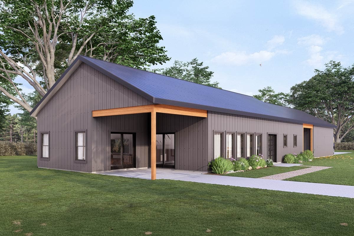 House plan exterior: Modern single-story home with standing seam metal siding, gable roof, covered entry, and multiple windows.