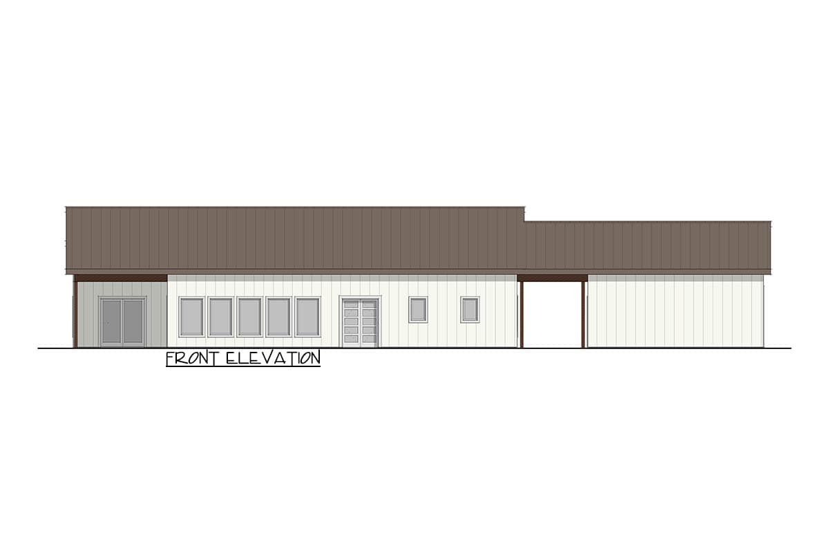 Front elevation drawing of a single-story house plan with a metal roof, multiple windows, and an open garage.