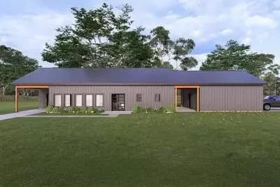 Modern Barndominium House Plan with Breezeway and Split Bedrooms