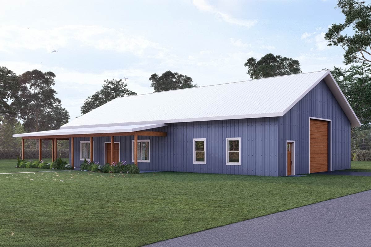 House plan exterior with a metal roof, blue siding, and a covered porch. Features include a side-entry garage and a gable roof.