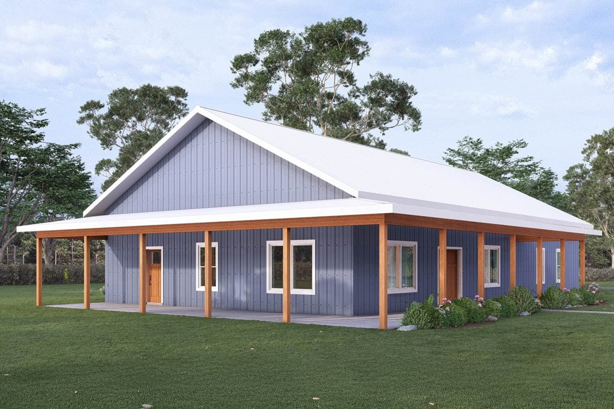House plan exterior: one-story modern home with a metal roof, wide front porch supported by wooden posts, and blue vertical siding.