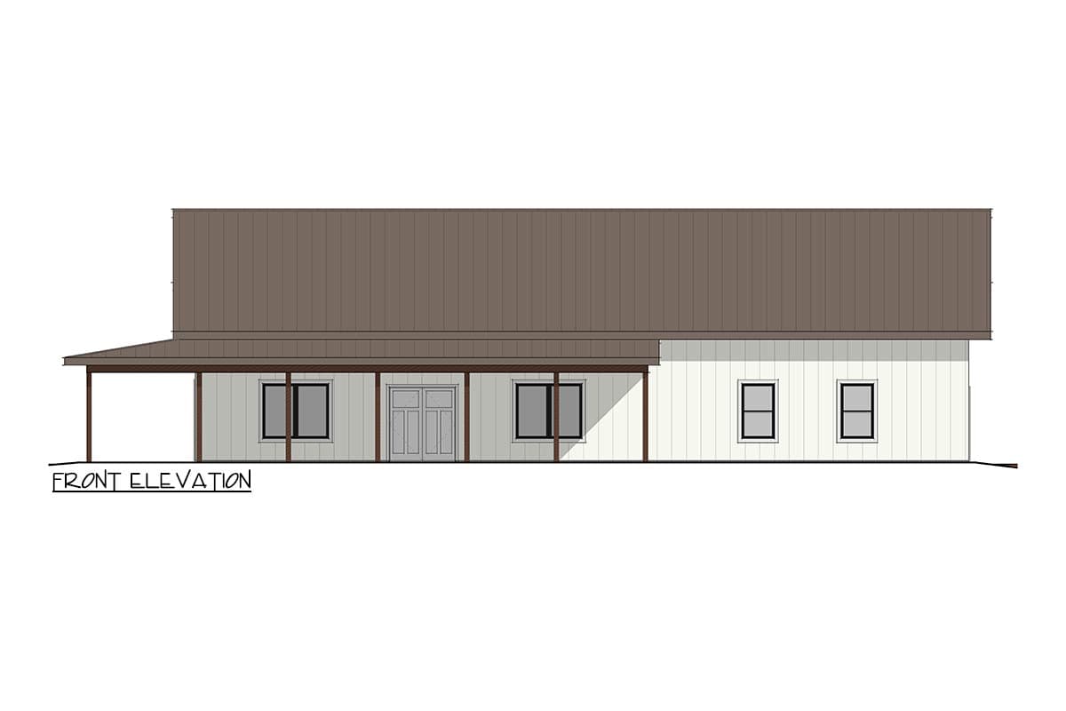 Front elevation of a one-story house plan with a covered porch, double entry doors, and multiple windows.