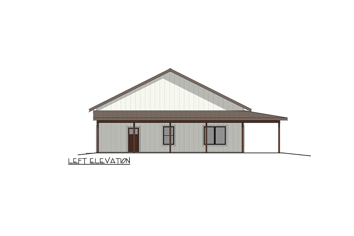 Left elevation house plan with a gable roof, covered porch, one door, and two windows.