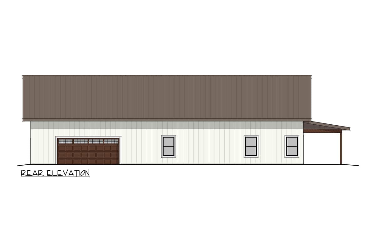 Rear elevation drawing showing a house with a single-car garage, three windows, and a covered porch.