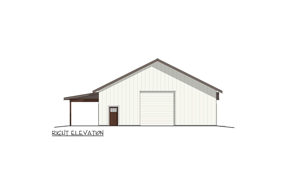 Right elevation of a house plan showing a side-entry garage door, a single door, and a covered lean-to porch.