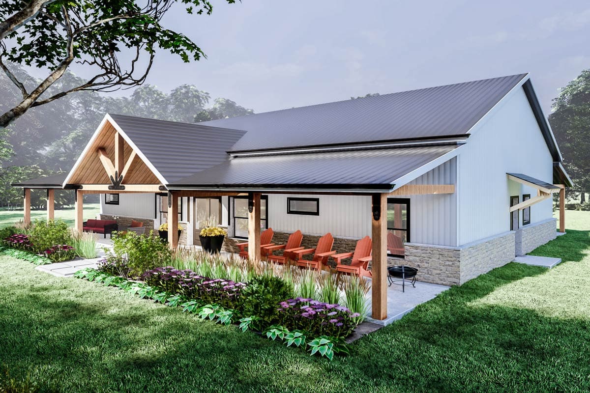 House plan exterior: one-story Modern Farmhouse with gable roof, covered porch, and stone foundation.