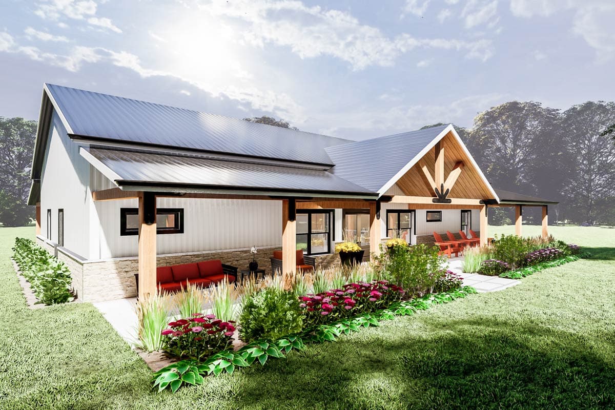 Modern Farmhouse house plan exterior with metal roof, gabled front porch, and stone wainscoting.
