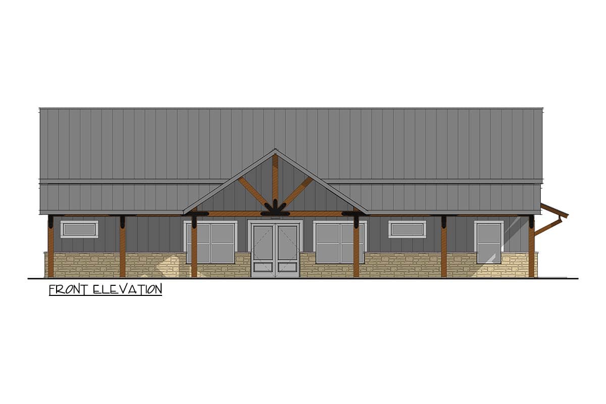 Front elevation drawing of a house plan with a metal roof, stone foundation, gabled entrance with exposed wooden beams, and double doors.