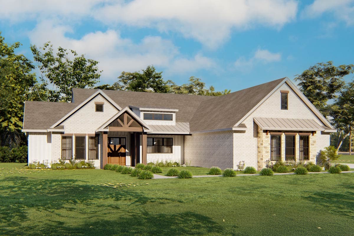 House plan exterior. Modern Farmhouse style with a single story, a gable roof, a covered porch, and a metal awning over windows.