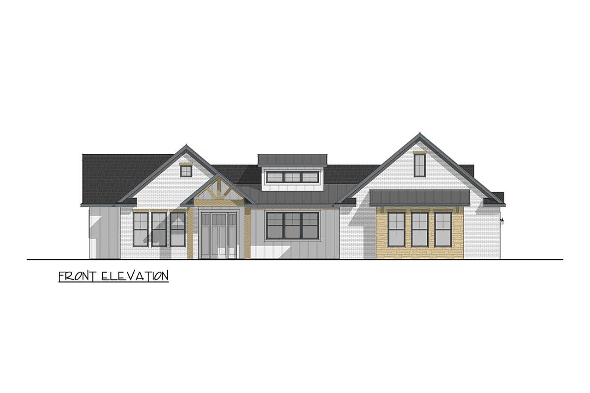 Front elevation drawing of a one-story house with a symmetrical facade, gabled roof, prominent dormer, and brick exterior.